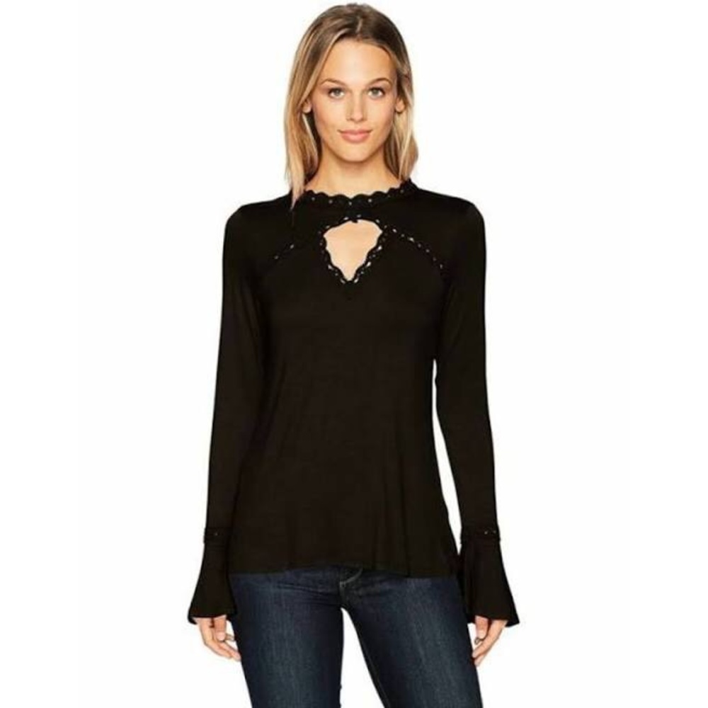 Adrianna Papell Black Long Sleeve Blouse Chest Cutout W/ Bell Sleeve Lace Trim